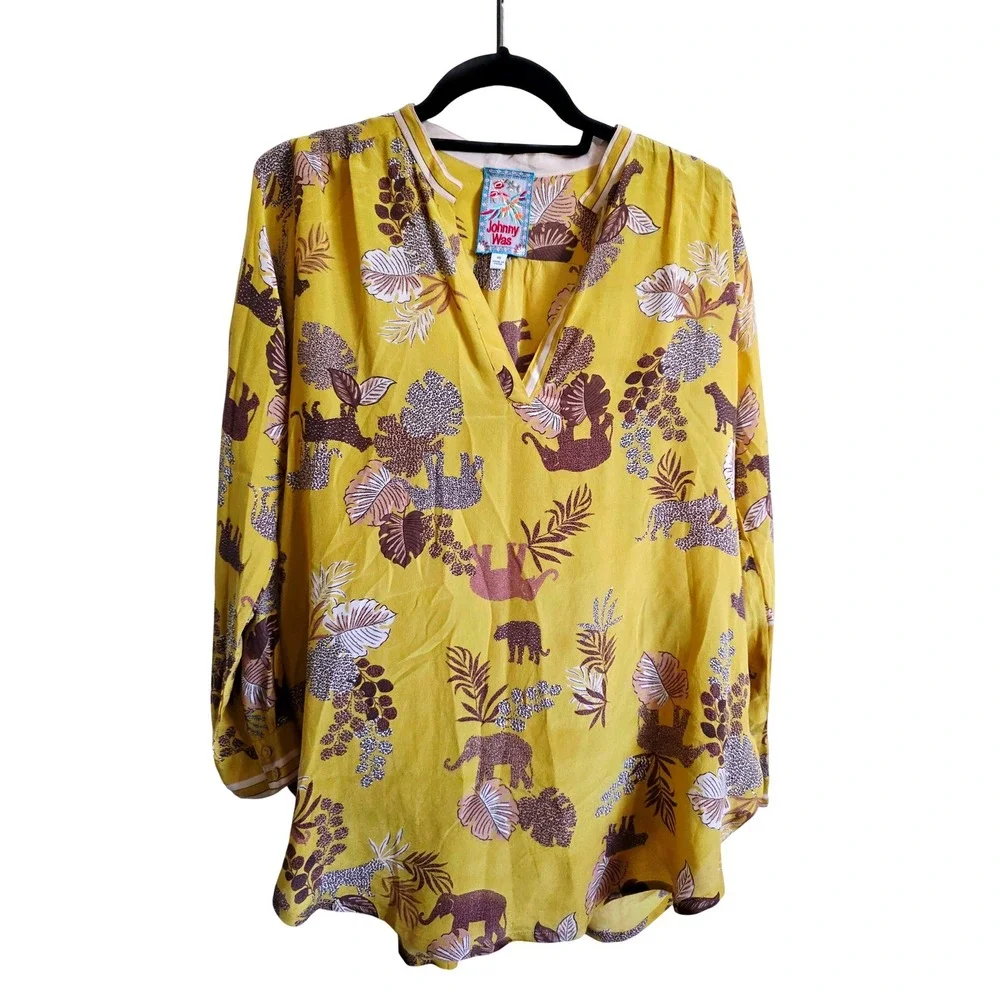 Johnny Was XS Yellow Taly Astrid Jungle Silk Safari Animal Print Tunic Blouse